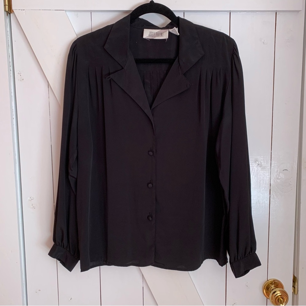 Vintage 80s Flowy Black Polyester Button Down Collared Long Sleeve Blouse